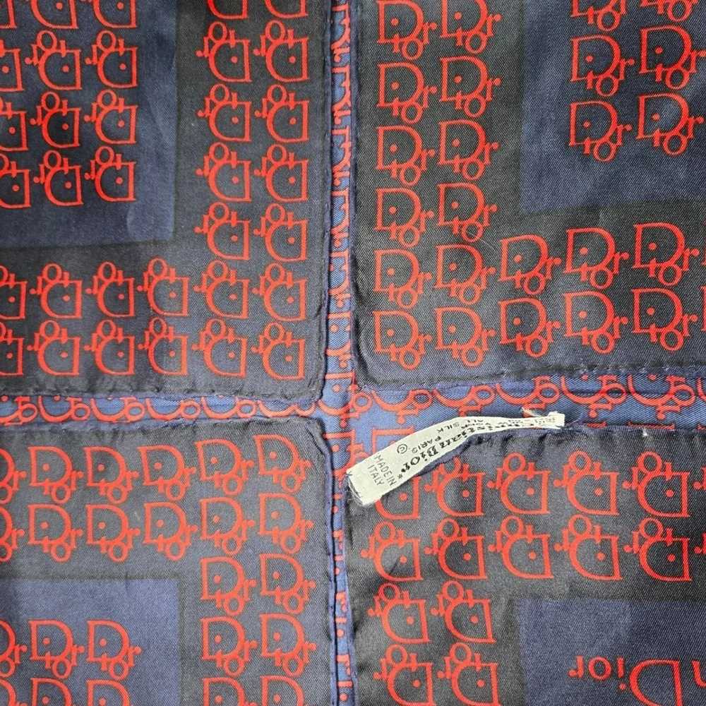 Christian Dior Vintage Silk Scarf Navy Blue Red Trotter Oblique Logo Scarf